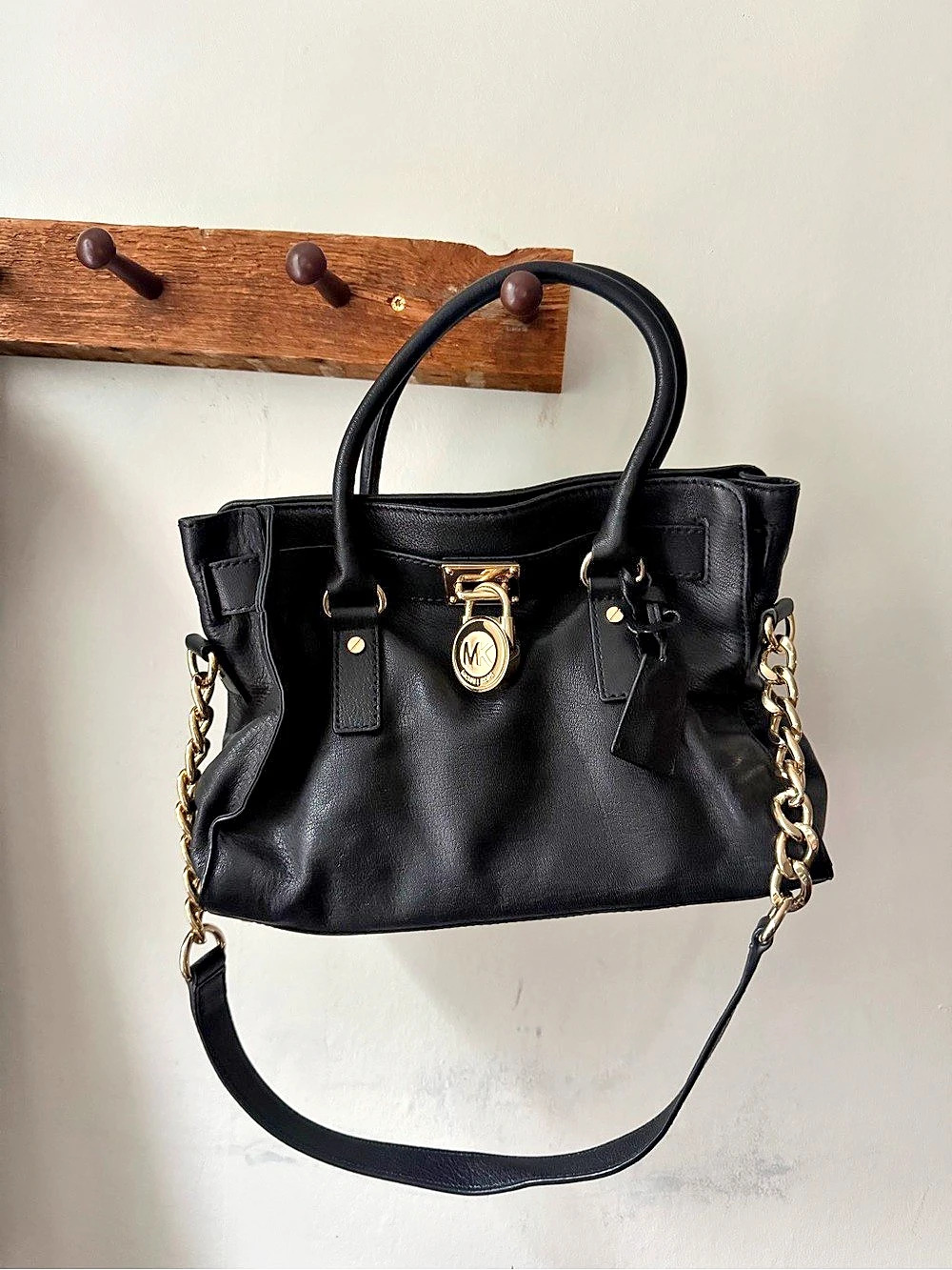 Michael Kors Black Leather Hamilton Bag + Matching Wallet Set